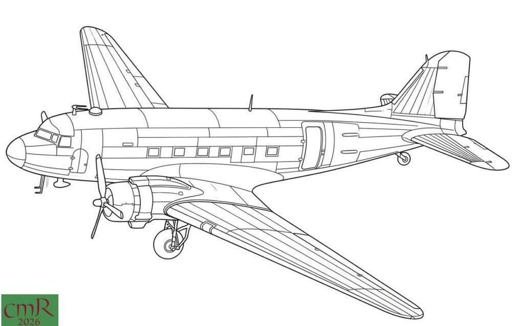 A clean, black and white technical line drawing of a Douglas C-47 Skytrain from an elevated front-quarter perspective, showing the twin-engine configuration and tail-dragger landing gear.