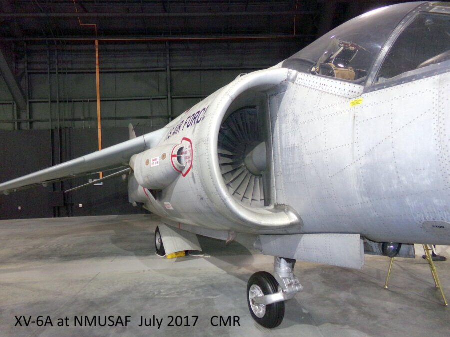 Close‑up view of the XV‑6A aircraft at the National Museum of the U.S. Air Force, showing the cockpit area, forward fuselage, front landing gear, and the prominent intake on the left side. 