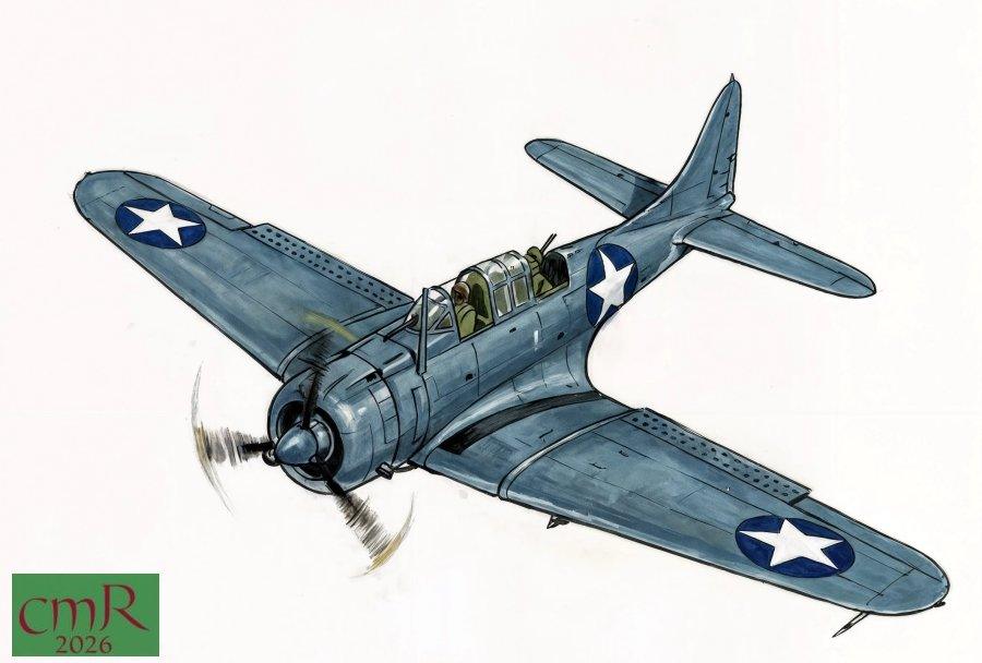 Gouache artwork depicting a Douglas SBD Dauntless dive bomber in flight.